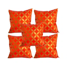 Pink Parrot Red & Gold Toned 5 Pieces Ethnic Motifs Zari Square Cushion Covers-picture-24