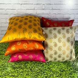 Pink Parrot Yellow & Pink 5 Pieces Ethnic Motifs Jacquard Silk Square Cushion Covers-image-16