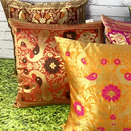 Pink Parrot Red & Mustard 5 Pcs Ethnic Motifs Square Cushion Covers-picture-28