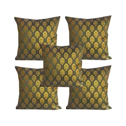 Pink Parrot Green & Gold-Toned 5 Pieces Ethnic Motifs Square Cushion Covers-image-45