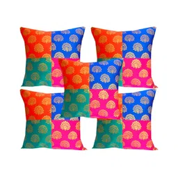Pink Parrot Blue & Pink 5 Pieces Ethnic Motifs Square Cushion Covers-image-97