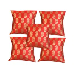 Pink Parrot Orange & Gold-Toned 5 Pcs Ethnic Motifs Square Cushion Covers-picture-15