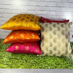 Pink Parrot Pink & Yellow 5 Pieces Paisley Self Design Jacquard Silk Square Cushion Covers image 1