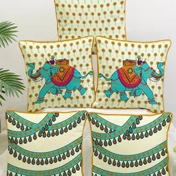 STITCHNEST Blue & Cream-Coloured Set of 5 Floral Velvet Square Cushion Covers-picture-10