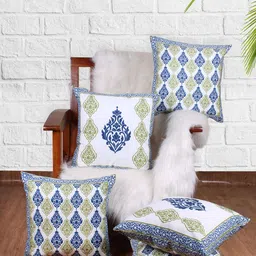 STITCHNEST White & Blue 5 Pieces Ethnic Motifs Square Cushion Covers-image-9