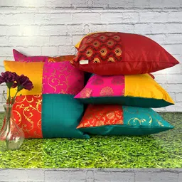 Pink Parrot Yellow & Blue 5 Pieces Ethnic Motifs Jacquard Silk Square Cushion Covers-image-76