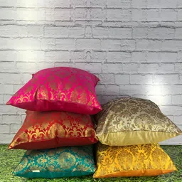 Pink Parrot Pink & Red 5 Pieces Floral Printed Zari Square Cushion Covers-picture-11
