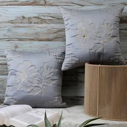 MFD HOME FURNISHING Grey & Beige 2 Pieces Floral Satin Square Cushion Covers-image-64