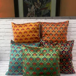 Pink Parrot Blue & Green 5 Pieces Ethnic Motifs Square Cushion Covers-image-29