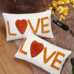eyda Valentine White & Orange 2 Pieces Embroidered Pure Cotton Rectangle Cushion Covers-image-27