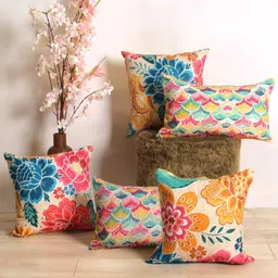 BLANC9 Blue & Pink 5 Pieces Floral Square & Rectangle Cushion Covers-image-27