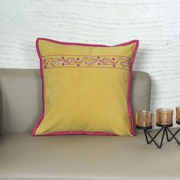 ZEBA Yellow & Pink Ethnic Motifs Embroidered Square Cushion Cover-picture-1