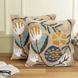 eyda Beige & Blue 2-Pieces Self-Designed Pure Cotton Square Cushion Covers-picture-44