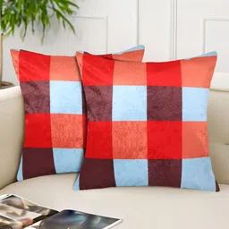 Tesmare Blue & Red 2 Pieces Checked Velvet Square Cushion Covers-image-97