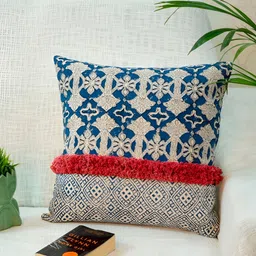 ABSTRACT INDIA Blue Cotton Square Cushion Cover-image-74
