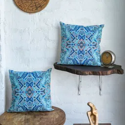 ABSTRACT INDIA Turquoise Blue & Peach Ethnic Motifs Cotton Square Cushion Cover-image-52