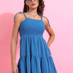 Tokyo Talkies Blue Shoulder Straps Smocked Fit & Flare Dress-picture-23