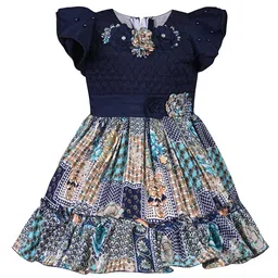 Wish Karo Girls Embellished Floral Printed Flared Sleeves Satin Fit & Flare Dress-image-36