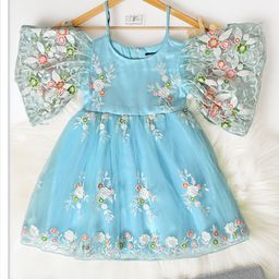 Bella Moda Girls Floral Sequined Flared Sleeve Satin Fit & Flare Dress-picture-3
