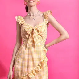 Tokyo Talkies Mustard Checked Cut-Out Smocked Bow  Fit & Flare Dress-picture-20