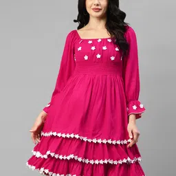 DEEBACO Embroidered Layered Square Neck Puffed Sleeves Fit & Flare Dress-image-35