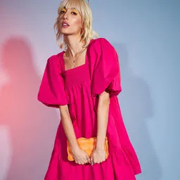 SASSAFRAS Pink Puff Sleeve Smocked Pure Cotton Fit & Flare Dress-picture-34