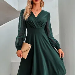 StyleCast Green Puff Sleeve Fit & Flare Dress-image-98