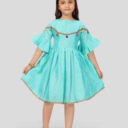 BAESD Girls Silk Turquoise Blue Solid Bell Sleeve Fit & Flare Dress-picture-29