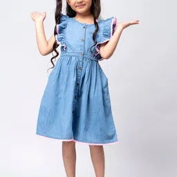 HERE&NOW Girls Blue Flutter Sleeve Cotton A-Line Dress-picture-35