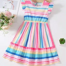 BAESD Girls Striped Round Neck Flutter Sleeve Gathered Cotton Fit & Flare Dress-picture-14