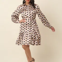 plusS Beige Polka Dot Print Puff Sleeve Fit & Flare Dress-picture-30