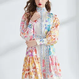 JC Collection Floral Print Puff Sleeve High Neck Fit & Flare Dress-picture-10
