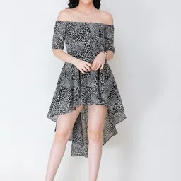SCORPIUS Animal Print Off-Shoulder Georgette Fit & Flare Dress-picture-21
