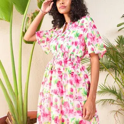 SASSAFRAS Floral Printed Flared Sleeve Layered Georgette Fit & Flare Dress-image-91