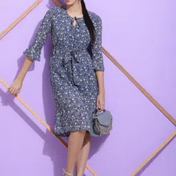 SQew Floral Printed Bell Sleeves Georgette Tie Up A-Line Dress-picture-32