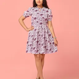 BAESD Key hole Neck Floral Print Puff Sleeves Georgette Fit & Flare Dress-picture-26