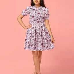 FASHION DREAM Girls Floral Print Choker Neck Puff Sleeve Georgette Fit & Flare Dress-picture-27