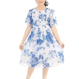 BAESD Girls Floral Print Round Neck Flutter Sleeve Accordion Pleats Fit & Flare Dress-picture-24