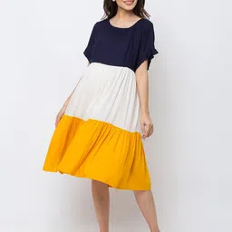 MomToBe Colourblocked Flared Sleeves Gathered Detailed Maternity Fit & Flare Dress-picture-31