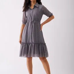 AASK Self Design Shirt Collar Fit & Flare Dress image 1