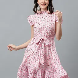 Kotty Pink & White Floral Printed High Neck Ruffled Fit & Flare Dress image 1