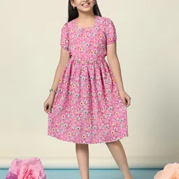 BAESD Girls Floral Print Square Neck Puff Sleeves Fit & Flare Dress-picture-15