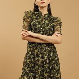 Beatnik Floral Printed Tie Up Neck Puff Sleeves Fit & Flare Mini Dress-picture-11