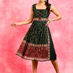 Anouk Green Ethnic Motifs Print Square Neck Sleeveless Fit & Flare Cotton Ethnic Dress-picture-38
