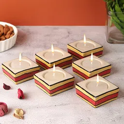 VarEesha Red & Yellow 6 Pieces Striped Square Ceramic Candle Holders-picture-13