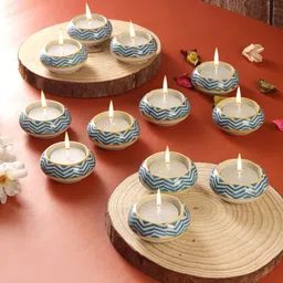 VarEesha Cream & Blue 12 Pieces Zigzag Ceramic Diyas Tea Light Candle Holders-picture-34