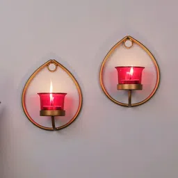 Homesake Set Of 2 Gold-Toned & Red Metal Candle Holders-picture-36