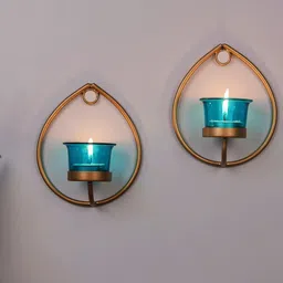 Homesake Set Of 2 Gold-Toned & Blue Solid T-Light Candle Holders-image-96