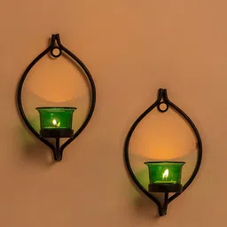 Homesake Set of 2 Black Candle Holder With Green Glass and T-light Candles-image-87