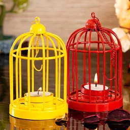eCraftIndia Red & Yellow Set Of 2 Solid Cage Candle Holders With Hanging Chain-picture-32